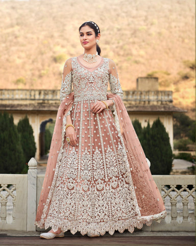 Pink Stone Work Wedding Wear Anarkali Frock Suit With Net Dupatta