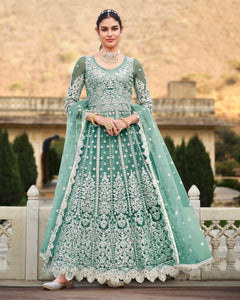 Green Stone Work Wedding Wear Anarkali Frock Suit With Net Dupatta