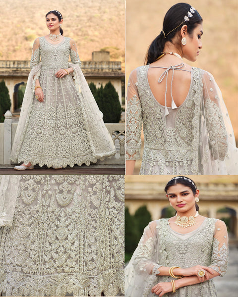 Grey Stone Work Wedding Wear Anarkali Frock Suit With Net Dupatta