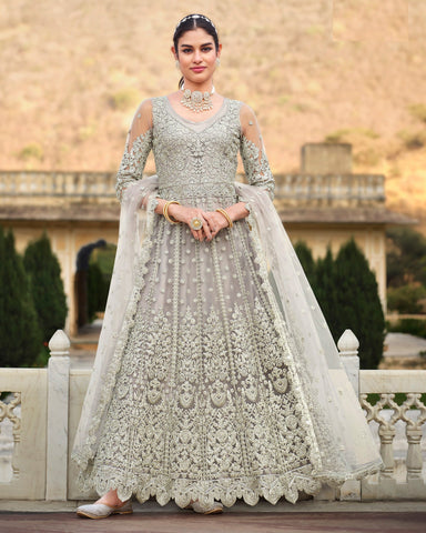 Grey Stone Work Wedding Wear Anarkali Frock Suit With Net Dupatta