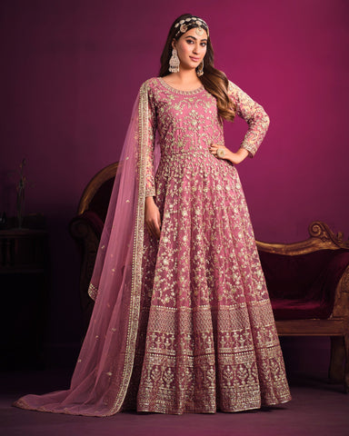 Pink Wedding Wear Anarkali Frock Suit With Net Dupatta