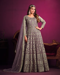 Mauve Wedding Wear Anarkali Frock Suit With Net Dupatta