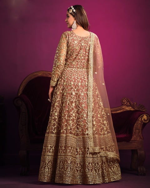 Light Brown Wedding Wear Anarkali Frock Suit With Net Dupatta