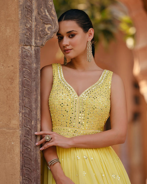 Yellow Pure Georgette Mirror & Sequins Embroidered Anarkali Gown With Dupatta