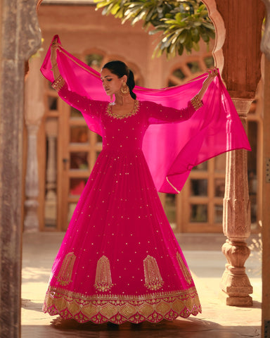 Pink Pure Georgette Zari & Sequins Embroidered Anarkali Gown With Dupatta