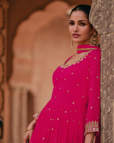 Pink Pure Georgette Zari & Sequins Embroidered Anarkali Gown With Dupatta