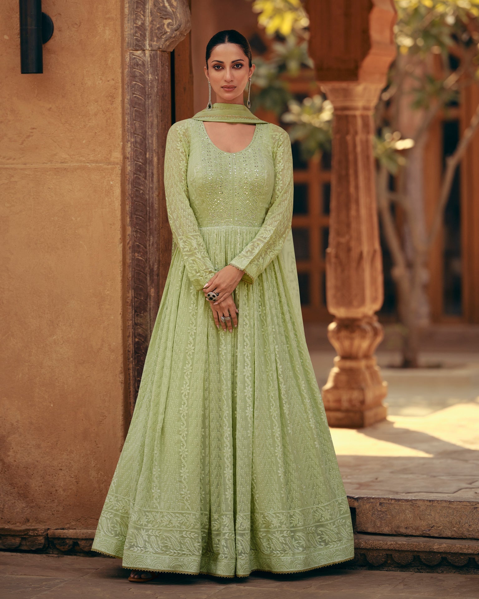 Green Pure Georgette Thread Embroidered Anarkali Gown With Dupatta