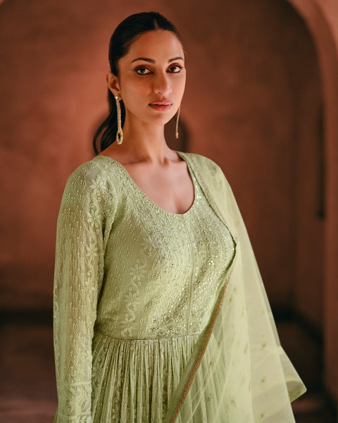 Green Pure Georgette Thread Embroidered Anarkali Gown With Dupatta