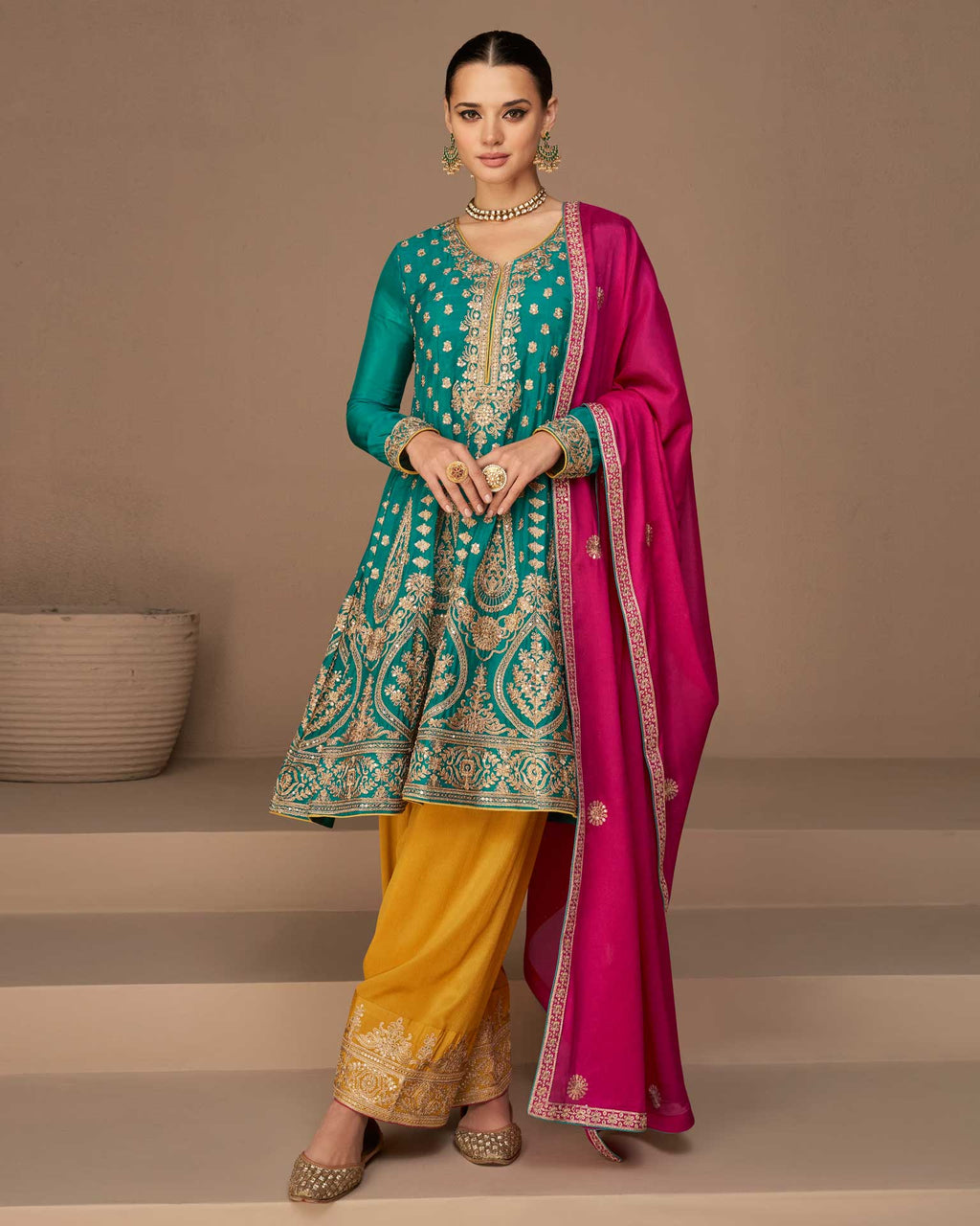 Chinon Silk Blue Yellow & Pink Frock Suit With Zari Work