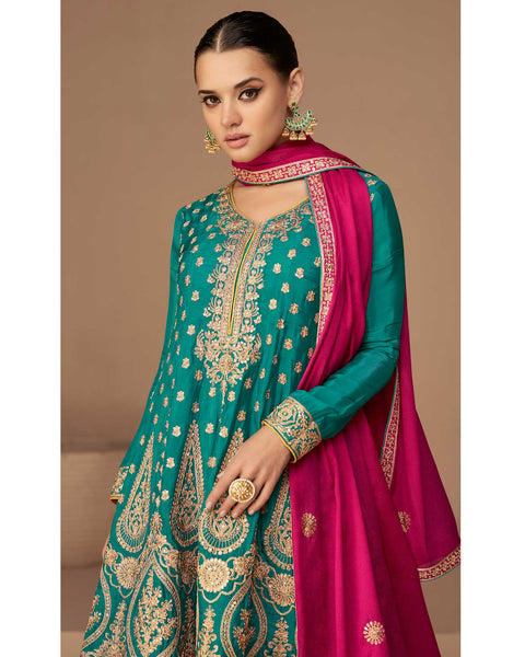 Chinon Silk Blue Yellow & Pink Frock Suit With Zari Work
