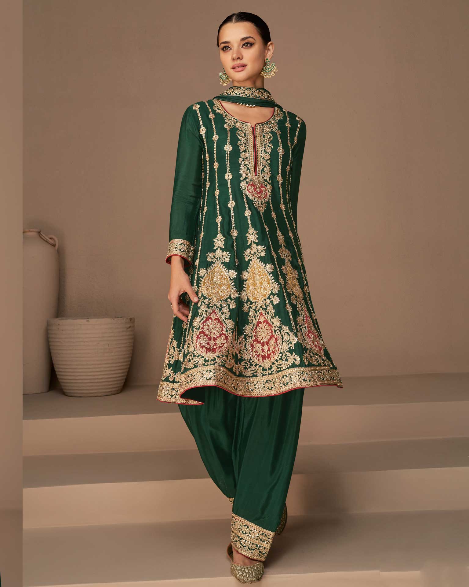 Chinon Silk Green Frock Suit With Zari Work