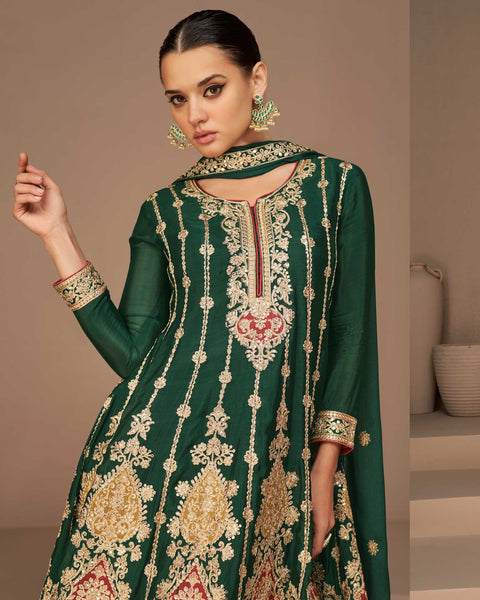 Chinon Silk Green Frock Suit With Zari Work