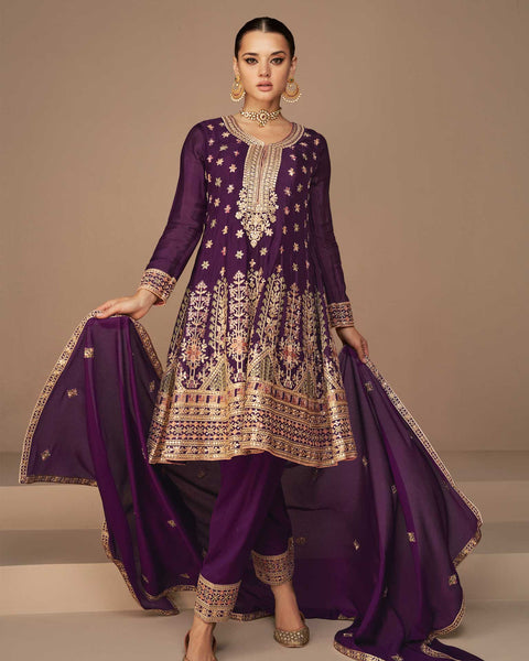 Chinon Silk Purple Frock Suit With Zari Work