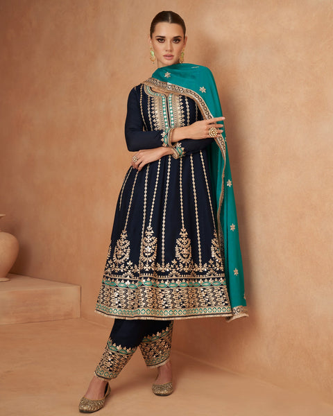 Navy Blue Chinnon Silk Gota Patti Work Frock Suit With Firozi Embroidered Dupatta