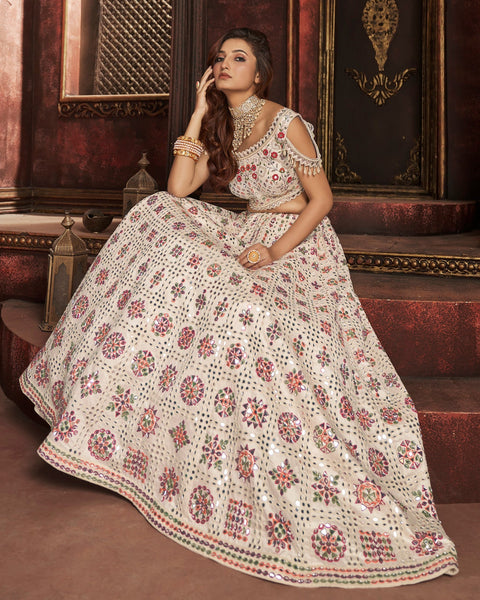 Off White Mirror & Thread Work Silk Fabric Lehenga Choli With Embroidered Dupatta