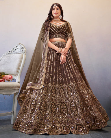 Brown Sequenced Wedding Lehenga Choli in Net