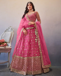 Pink Sequins Work Net Embroidered Lehenga Choli With Net Dupatta