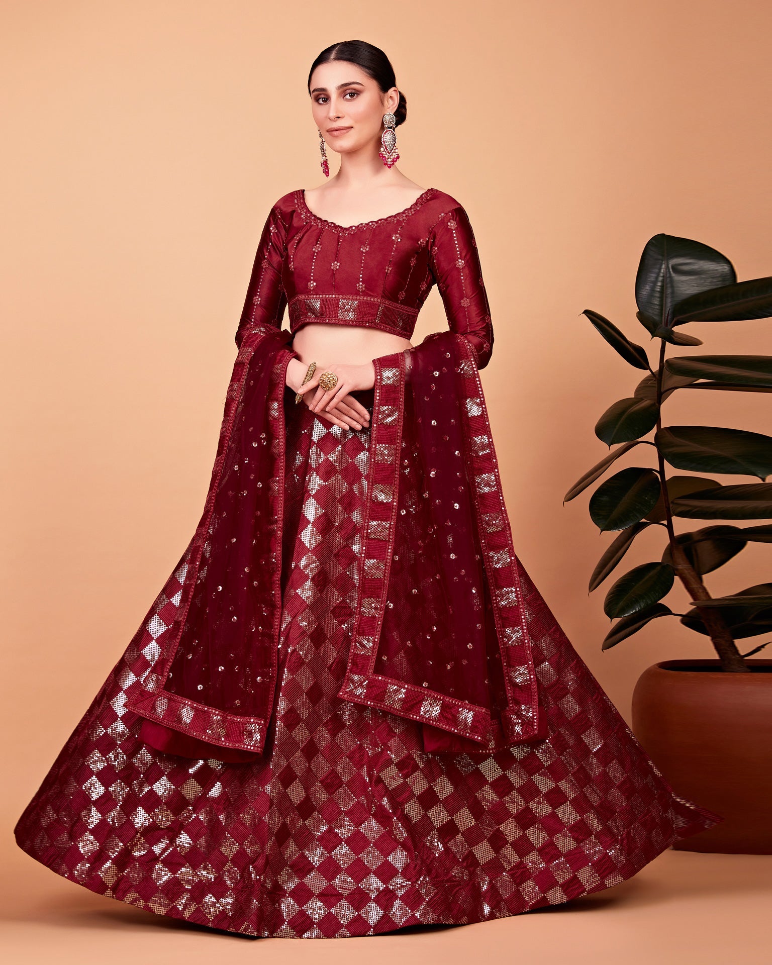 Cherry Red Sequins Work Silk Lehenga Choli With Net Dupatta