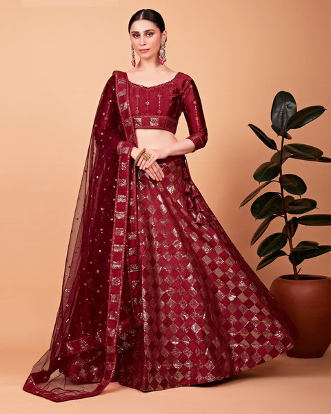 Cherry Red Sequins Work Silk Lehenga Choli With Net Dupatta