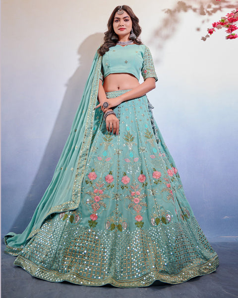 Sky Blue Georgette Sequenced Lehenga Choli With Embroidered Dupatta
