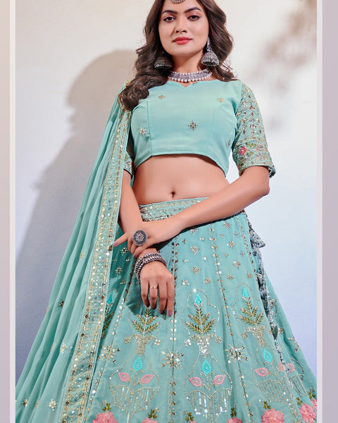 Sky Blue Georgette Sequenced Lehenga Choli With Embroidered Dupatta