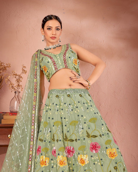Pista Green Georgette Sequins Work Lehenga Choli With Net Embroidered Dupatta