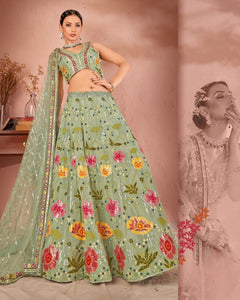 Pista Green Georgette Sequins Work Lehenga Choli With Net Embroidered Dupatta