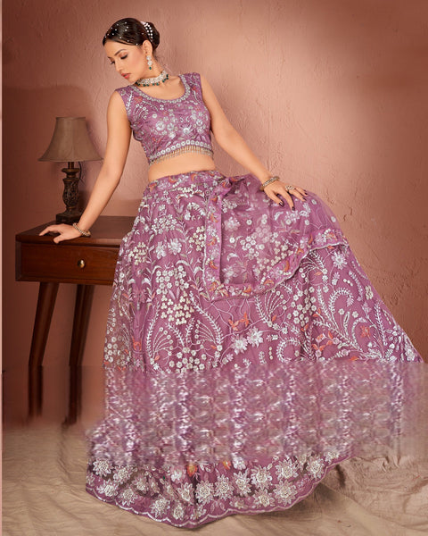 Lavender Net Sequins Work Lehenga Choli With Embroidered Dupatta