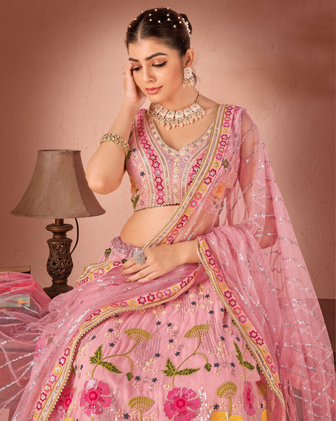 Pink Georgette Sequins Work Lehenga Choli With Net Embroidered Dupatta