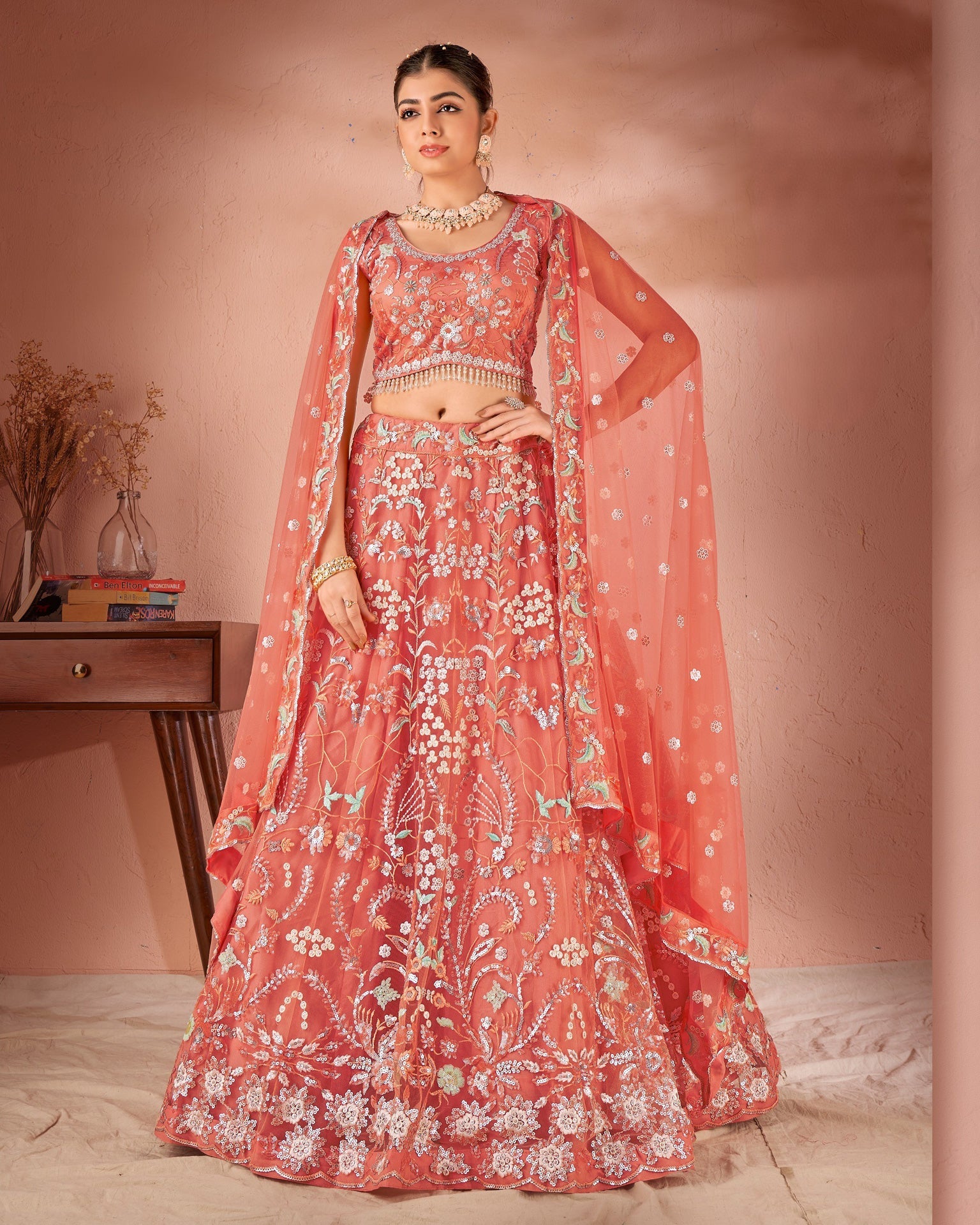 Buy Adorning Peach Floral Printed Banglory Silk Wedding Lehenga Choli With  Dupatta from Designer Lehenga Choli
