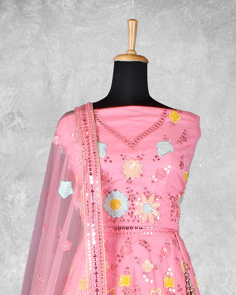 Pink Net Sequins & Thread Work Lehenga Choli With Embroidered Dupatta