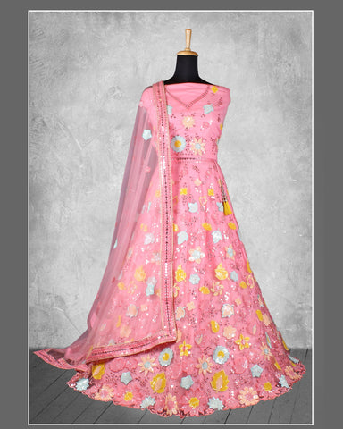 Pink Net Sequins & Thread Work Lehenga Choli With Embroidered Dupatta
