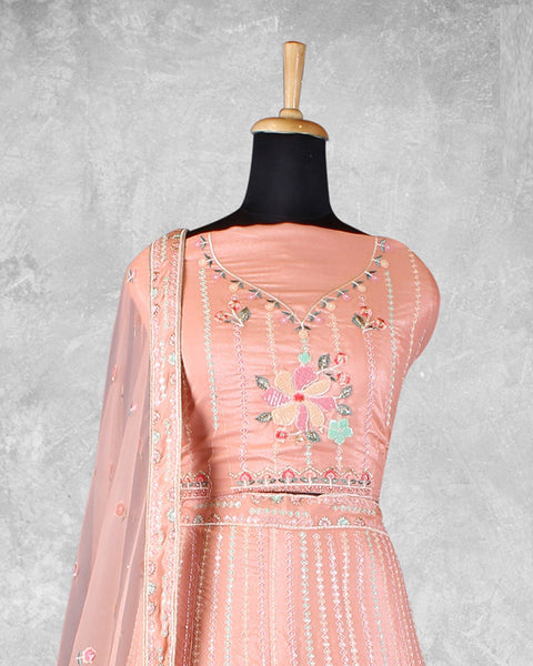 Peach Georgette Sequins & Thread Work Lehenga Choli With Net Embroidered Dupatta