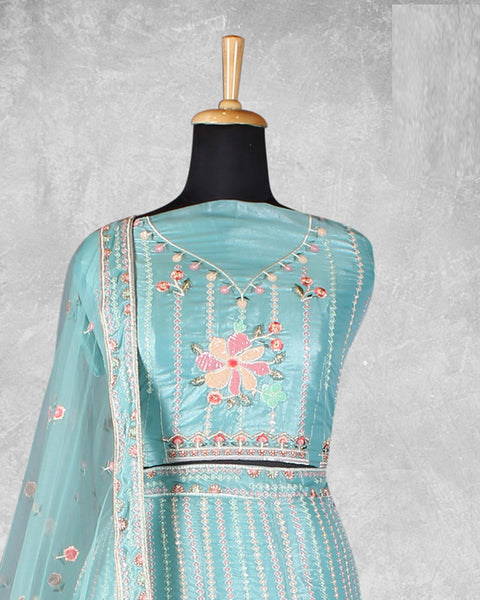 Sky Blue Georgette Sequins & Thread Work Lehenga Choli With Net Embroidered Dupatta