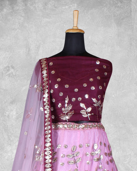 Purple Net Sequins Work Lehenga Choli With Net Embroidered Dupatta