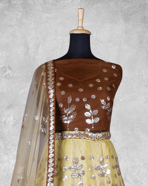 Brown Net Sequins Work Lehenga Choli With Net Embroidered Dupatta