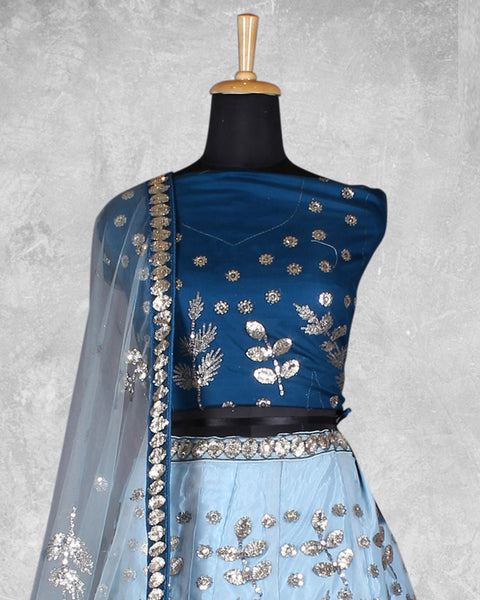 Blue Net Sequins Work Lehenga Choli With Net Embroidered Dupatta