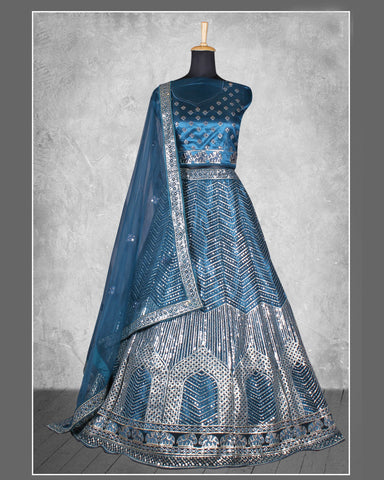 Teal Blue Sequins Work Satin Silk Fabric Lehenga Choli With Net Embroidered Dupatta