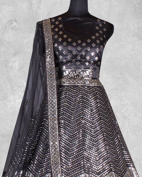 Black Sequins Work Satin Silk Fabric Lehenga Choli With Net Embroidered Dupatta