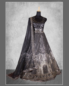 Black Sequins Work Satin Silk Fabric Lehenga Choli With Net Embroidered Dupatta