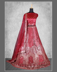 Red Sequins Work Satin Silk Fabric Lehenga Choli With Net Embroidered Dupatta