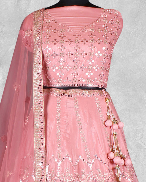 Pink Sequins Work Satin Silk Fabric Lehenga Choli With Net Embroidered Dupatta