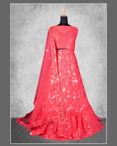 Pink Sequins Work Georgette Fabric Lehenga Choli With Net Embroidered Dupatta