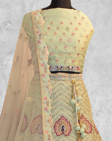 Mint Green Thread Sequins Work Georgette Fabric Lehenga Choli With Net Embroidered Dupatta