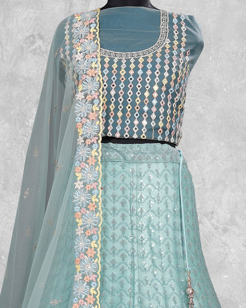 Sky Blue Thread Sequins Work Net Fabric Lehenga Choli With Net Embroidered Dupatta