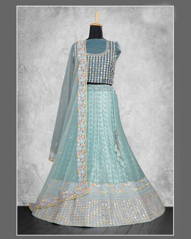 Sky Blue Thread Sequins Work Net Fabric Lehenga Choli With Net Embroidered Dupatta
