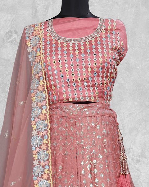 Pink Thread Sequins Work Net Fabric Lehenga Choli With Net Embroidered Dupatta