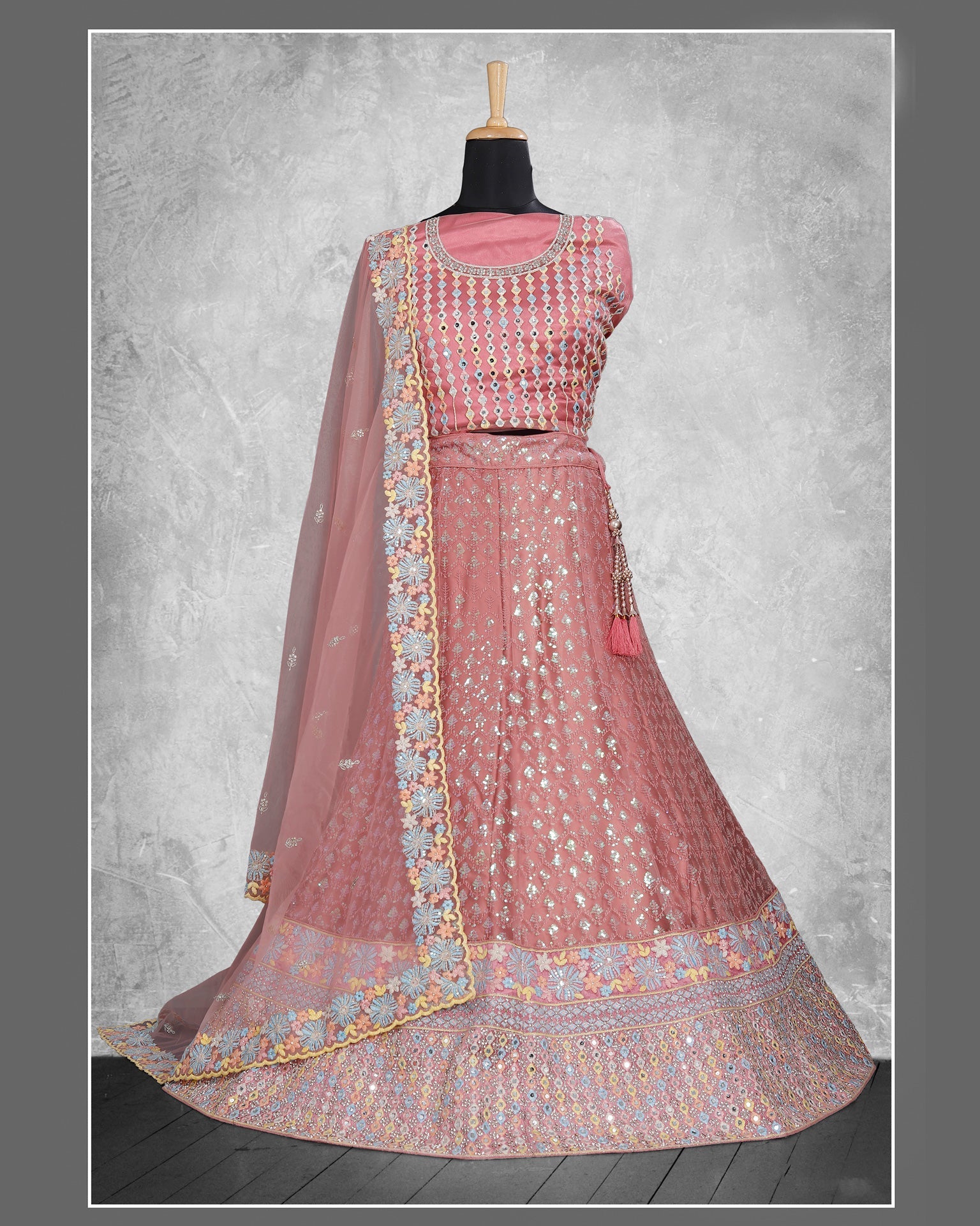 Pink Thread Sequins Work Net Fabric Lehenga Choli With Net Embroidered Dupatta
