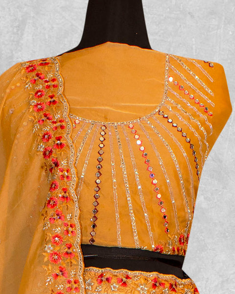 Mustard Thread Sequins Work Net Fabric Lehenga Choli With Net Embroidered Dupatta