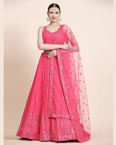 Pink Georgette Sequins Work Lehenga Choli With Net Dupatta